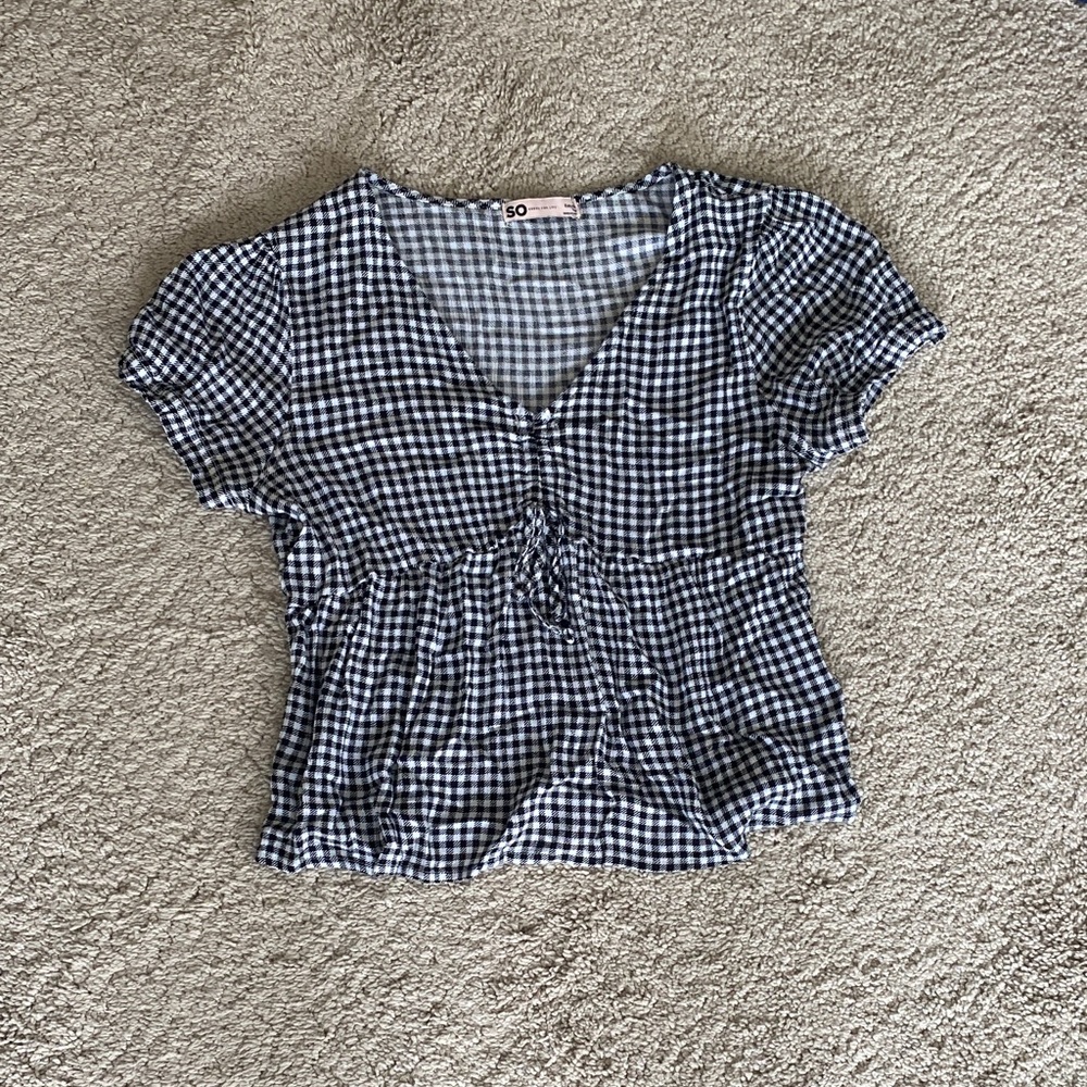 SO Black & White Gingham V-Neck Tie-Front Top